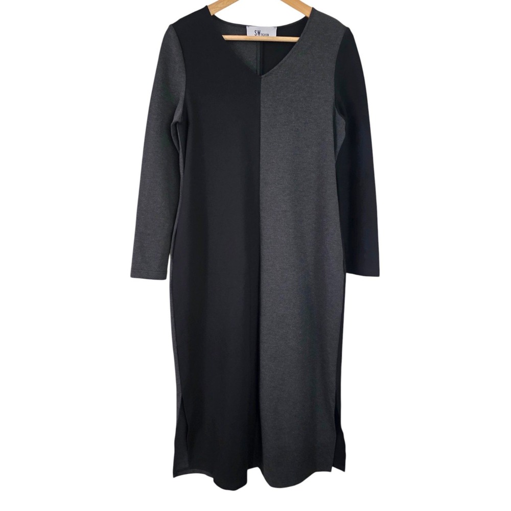 Two Tone Long Sleeve Colorblock Midi Dress Half Gray Black Jersey Stretch Knit S